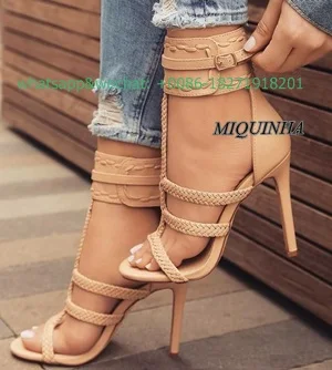 New design Rome weave women sandals open toe cover heel super thin high heel shoes buckle strap hollow out fashion pumps