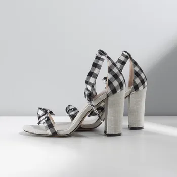 Miquinha Mixed Color Plaid Pattern Butterfly-knot Ankle Strap Square Heel Women Sandals Elegant Concise Women Casual Sexy Shoes
