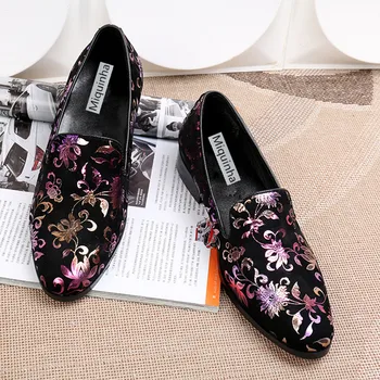 Miquinha 2017 Luxury Flower Print Mixed Color Men Flat Leather Loafers Fashion British Style Men Casual Nightclub Leisure Shoes