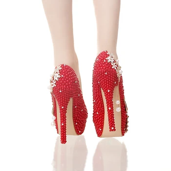 Red Pearl Bride Wedding Party Shoes Gorgeous Crystal Phoenix Party Prom High Heel Shoes Prom Event Pumps Handmade