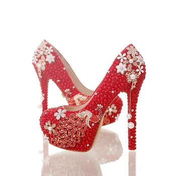 Red Pearl Bride Wedding Party Shoes Gorgeous Crystal Phoenix Party Prom High Heel Shoes Prom Event Pumps Handmade