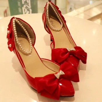 Fashion New White and Red Imitation Pearl Woman Wedding Bridal Shoes Lady's Beauful Bowtie Party Prom Shoes