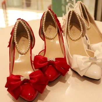 Fashion New White and Red Imitation Pearl Woman Wedding Bridal Shoes Lady's Beauful Bowtie Party Prom Shoes