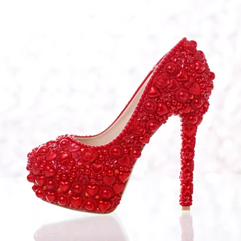 Red Pearl Wedding Shoes 2016 Newest Model Heart Shape Pearl Bride High Heels Party Prom Shoes for Mom