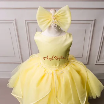 Luxury Yellow flower girl dresses satin Ruffles tutu dress with Pearl belt keyhole back baby girl party dress gown for communion