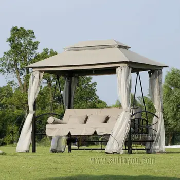 Outdoor 3 Person Patio Daybed Canopy Gazebo Swing - Tan w/ Mesh Walls hammock outdoor chair swing hammock gazebo