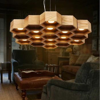 OaK Wood Honeycomb home decoration lamp Modern Creative Handmade Wood LED Hanging Pendant Lamp Lighting Light fixture