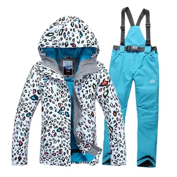 2017 Women Skiing Jackets Sets Pants Snowboard Clothes Thick Warm Waterproof Windproof Winter Leopard Ski Suit
