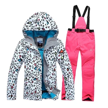 2017 Women Skiing Jackets Sets Pants Snowboard Clothes Thick Warm Waterproof Windproof Winter Leopard Ski Suit