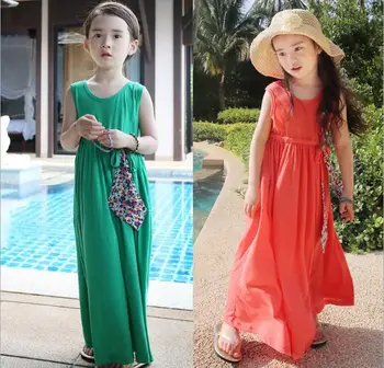 2017 Summer Girls Solid Color Sleeveless Vest Long Holiday Beach Dress Children Casual Dress with Bow Belt