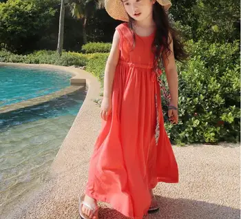 2017 Summer Girls Solid Color Sleeveless Vest Long Holiday Beach Dress Children Casual Dress with Bow Belt