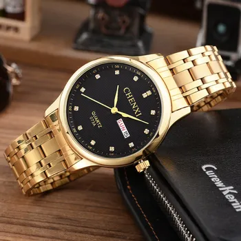 Luxury CHENXI Crystal Rhinestone Gold Steel Shockproof Waterprrof Wristwatches Wrist Watch for Men NO FADE 073A