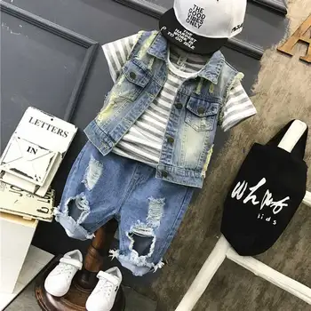 New summer casual boys kid's demin vest coat+Striped t-shirt+ hole demin shorts 3 pcs clothing set Children's clothing Y2176