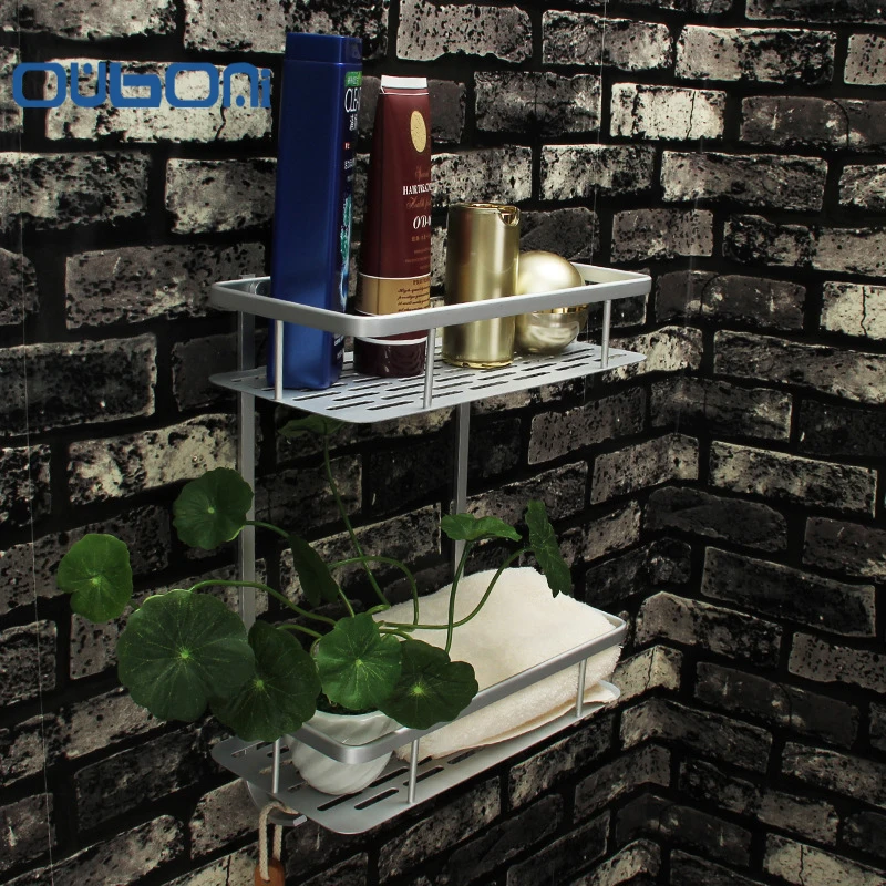 OUBONI Dual Layer Space Aluminum Bathroom Shelf Bath Shampoo Rack Towel Basket Wall Mounted Bathroom Wall Shelves With Hooks