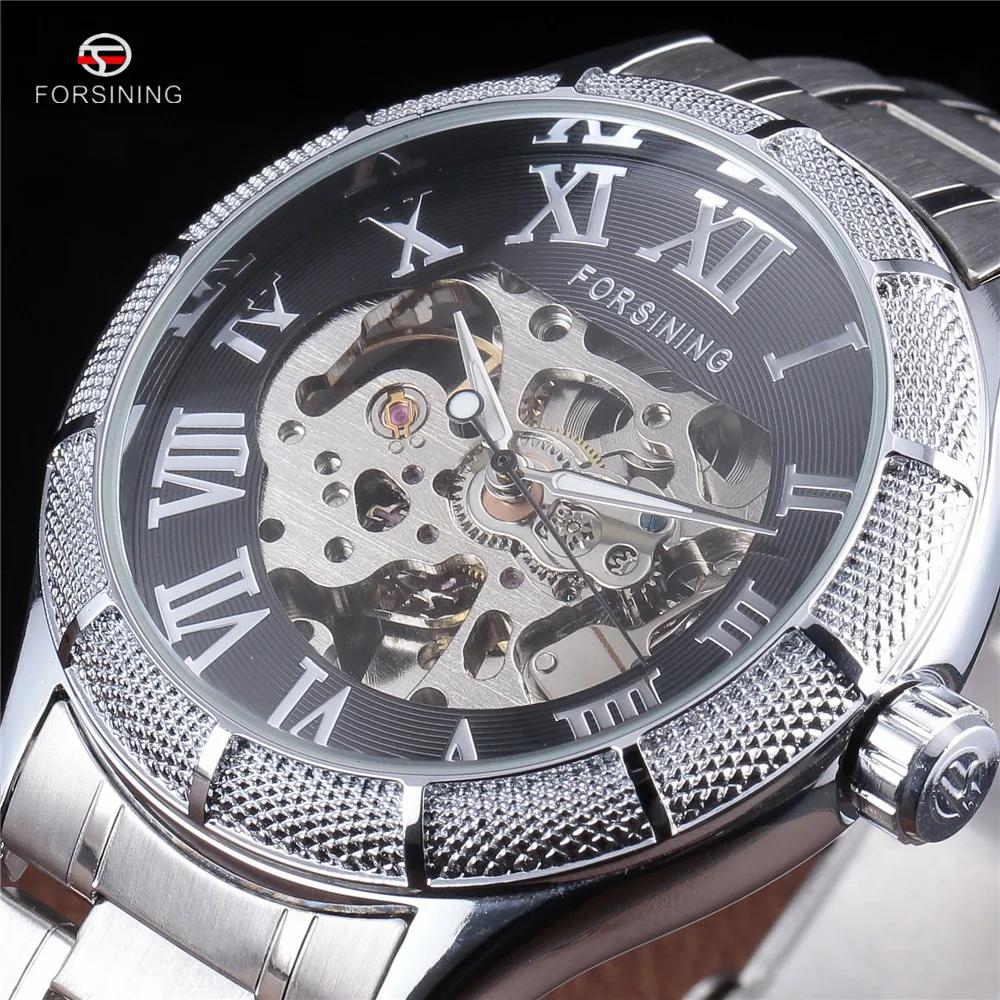 FORSINING New Luxury Mens Roman Skeleton Automatic Self-wind Watch Mechanical Stainless Steel Clock Military Wrist Watches Gift
