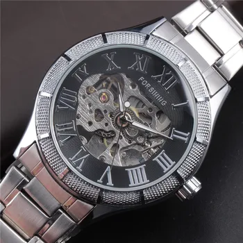 FORSINING New Luxury Mens Roman Skeleton Automatic Self-wind Watch Mechanical Stainless Steel Clock Military Wrist Watches Gift