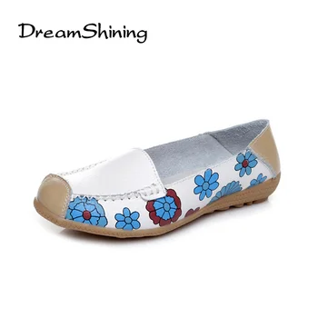 DreamShining Women Casual Genuine Leather Boat Comfortable Soft Gommino Flat Ventilation Fashion Printing Flat Slip on Shoes