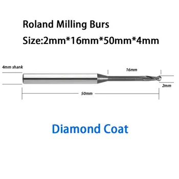 2.0mm 16mm Reach Effect Length Diamond Coat Roland Tool D30, D50, 51D Milling burs for Zirconia, Wax, PMMA, etc