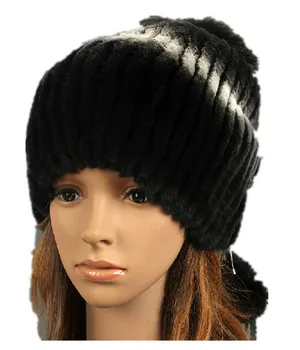 H908- hand knitted women's autumn winter yarn warm cap with 3 fox pompom.natural rex rabbit hair ladies fur hats