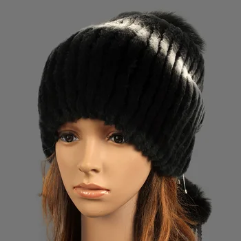H908- hand knitted women's autumn winter yarn warm cap with 3 fox pompom.natural rex rabbit hair ladies fur hats