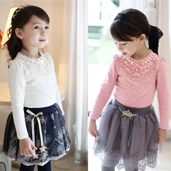 4T to 12T children & teenager girls lace with pearl cotton casual long sleeve fall winter base t shirts kids princess t-shirt
