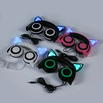 2017 New Cute Glow Cat Ear Headphones for Girls Led Cat Ears Headphone Children Luminous Gaming Headset with lights Casque Audio
