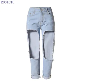 ROSICIL New Women Jeans Ripped Holes Fashion Straight Mid Waist Famale Washed Denim Pants Cotton Trousers