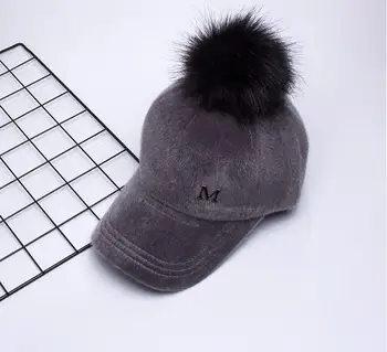 Dexing]Fashion Solid Polyester Hip Hop Cap with Fur Pom Pom velvet Baseball Cap for women men Adjustable Snapback Cap