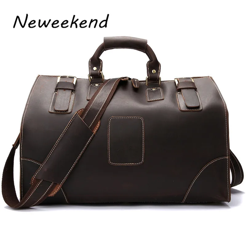 NEWEEKEND Retro Genuine Leather Cowhide Bright Leather Big Travel Duffel Bag Zipper Luggage Bag Handbag for Man LS3151