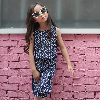 5 to 13 years kids & teenager girls flower print summer chiffon shirts with capris sets children fashion 2 pieces set clothes