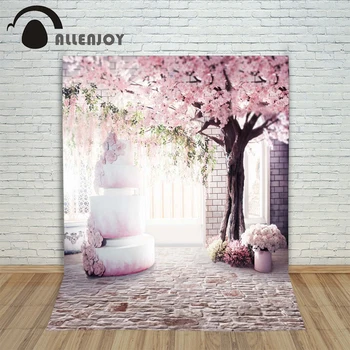 6.5ft*10ft pink cherry blossom Photo Background brick wall cake with cherry trees Photography backdrops Studio For baby Photos