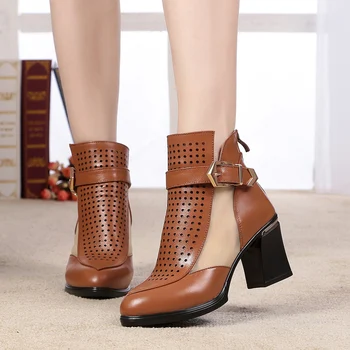 2017 summer new breathable cowhide high-heeled sandals women women's genuine leather shoes Net Yarn shoes woman