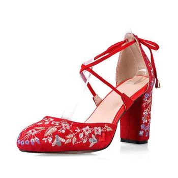 2017 krazing Pot New women pumps high heels round toe wedding big size Chinese style embroidery bowtie office lady work shoes 38