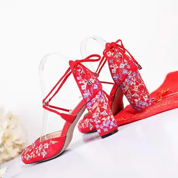 2017 krazing Pot New women pumps high heels round toe wedding big size Chinese style embroidery bowtie office lady work shoes 38