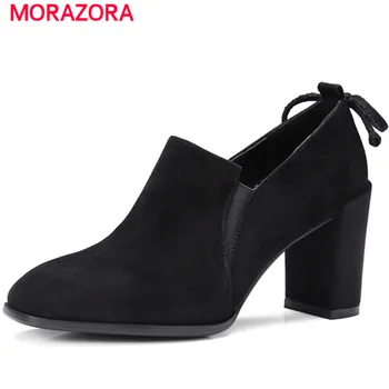 MORAZORA Genuine leather shoes round toe high heels shoes woman bowtie spring women pumps solid elegant party shoes