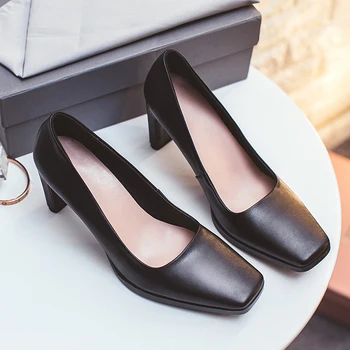 Krazing Pot New fashion brand shoes black solid shallow high heel genuine leather women pumps square toe wedding causal shoes 78