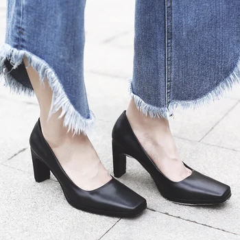 Krazing Pot New fashion brand shoes black solid shallow high heel genuine leather women pumps square toe wedding causal shoes 78