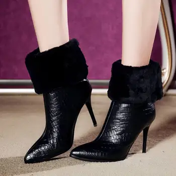 New Fashion Brand Winter Shoes Black Pointed Toe Women Mid-calf Boots Genuine Leather Warm Office Lady High Heel Causal Boots