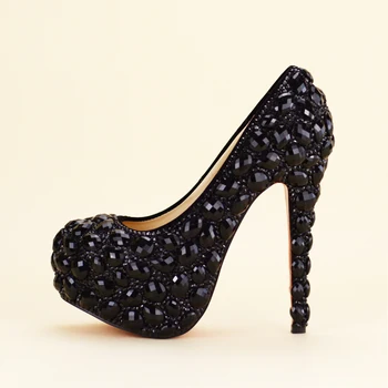Black Rhinestone wedding Party shoes High shoes woman Fashion Pumps big size 34-43 Girls Single shoes