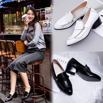 2017 Fashion Design Real Woman Shoes Leather Side Zipper Pointed Toe Square Heel Shoes Women Spring Leisure Comfort High Heel