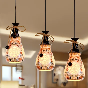 Ceramic glass Chinese style hanging lamp ceramic living room dining room dining hall bar lamp double floor stairs Pendant Lights