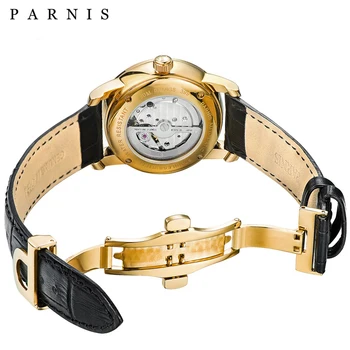 39mm Parnis Men Watch Casual Sapphire Crystal Gold Mark Mechanical Watches Automatic Genuine Leather Strap