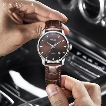39mm Parnis Men Watch Casual Sapphire Crystal Gold Mark Mechanical Watches Automatic Genuine Leather Strap