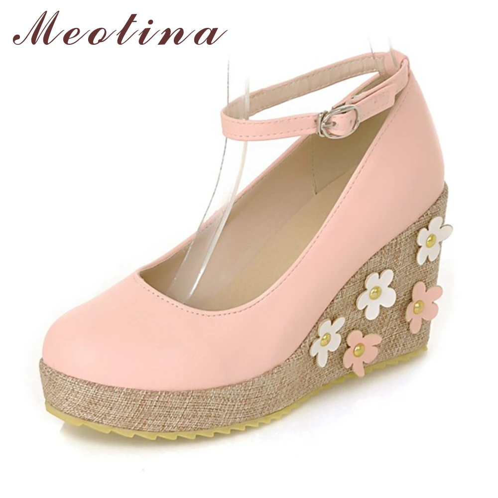 Meotina Shoes Women Pumps Fall Round Toe Ankle Strap Party Platform Wedges Female Flowers Sequined Pink Yellow Beige Shoes