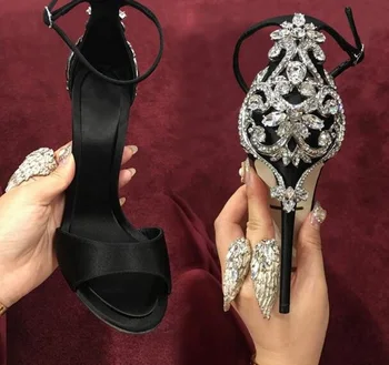 Summer/Spring Elegant Women Party Round Toe Solid Black Cut-Outs Buckle Strap Crystal High Thin Heels Sandals Mujer