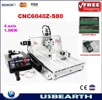 Mini cnc router 6040Z-S80 4 axis engraving machine1.5KW spindle cnc cutting machine for metal,wood with tool bits and handwheel