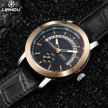 Genuine LIANDU Men's Fashion Quartz Watches Stop Watch & Waterproof Genuine Leather Strap Sports Wathches Men