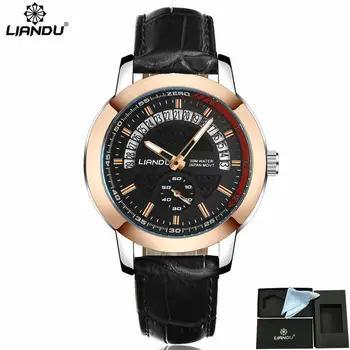Genuine LIANDU Men's Fashion Quartz Watches Stop Watch & Waterproof Genuine Leather Strap Sports Wathches Men