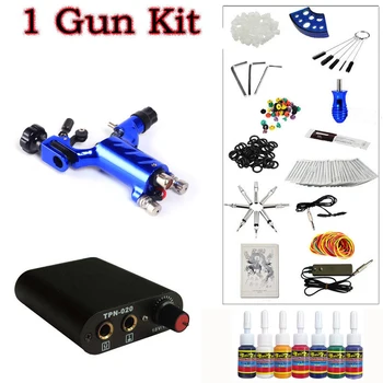 Beginner 1 Dark blue Dragonfly Rotary Tattoo Machine Gun Kit Power Supply Foot Pedal Needles Grip Tip Ink