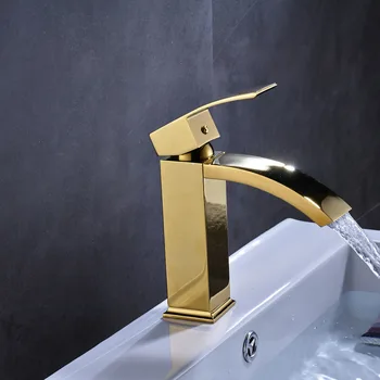 Golden Finish Brass Bathroom Sink Faucet Mixer Tap One Hole